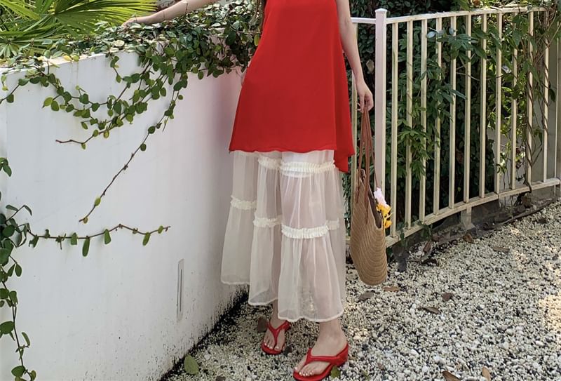 Rise Mini A-Line Dress Halter / Skirt Mesh Tiered Maxi Plain High