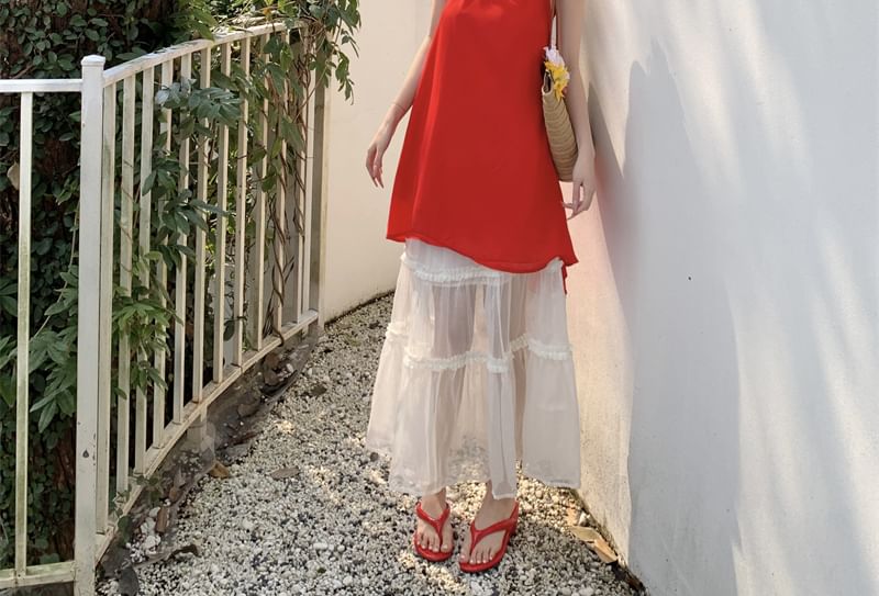 Rise Mini A-Line Dress Halter / Skirt Mesh Tiered Maxi Plain High