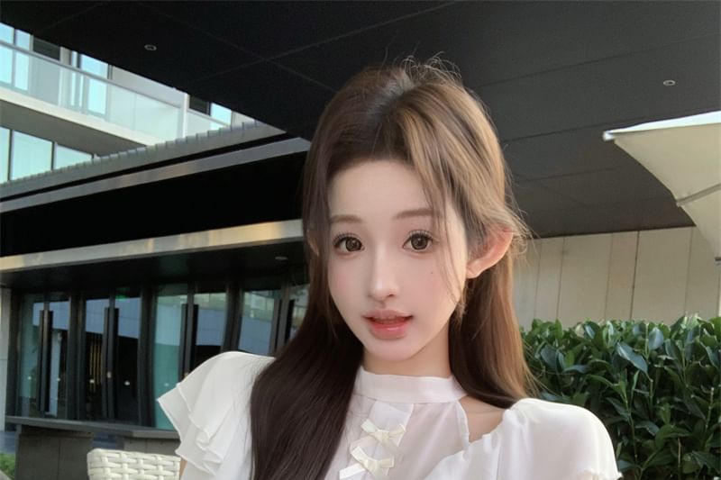 Neck Panel Blouse Ruffle High Rise Maxi Mock Fishtail / Skirt Sleeve Cap Bow Plain