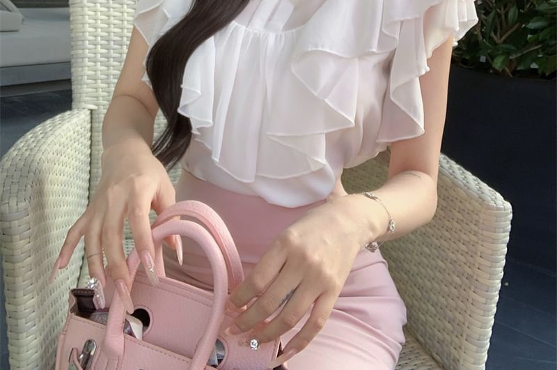 Neck Panel Blouse Ruffle High Rise Maxi Mock Fishtail / Skirt Sleeve Cap Bow Plain