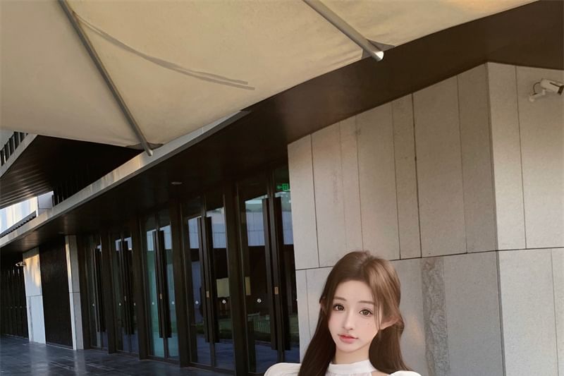 Neck Panel Blouse Ruffle High Rise Maxi Mock Fishtail / Skirt Sleeve Cap Bow Plain