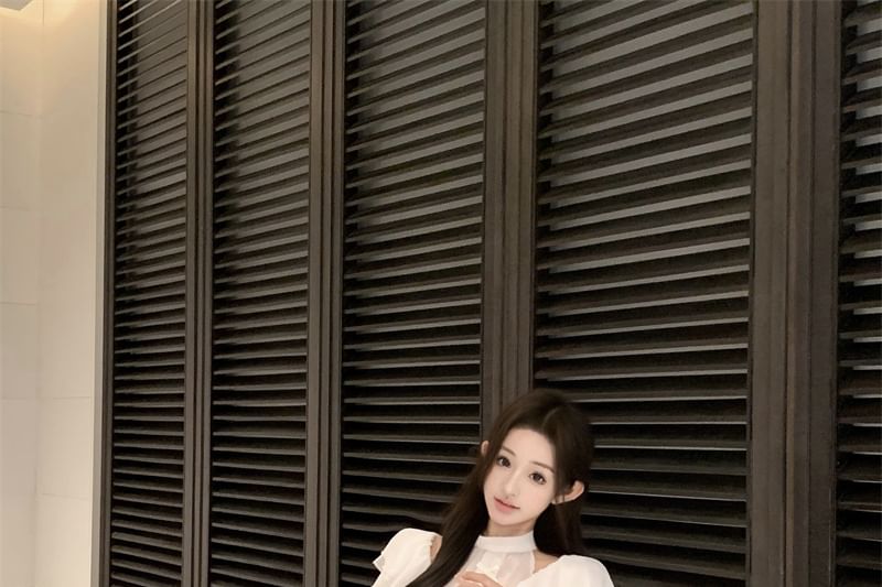 Neck Panel Blouse Ruffle High Rise Maxi Mock Fishtail / Skirt Sleeve Cap Bow Plain