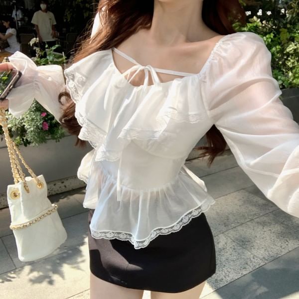 Tie Skirt Mini Long Front Lace Sleeve V-Neck Blouse Pencil Plain Ruffle Trim /