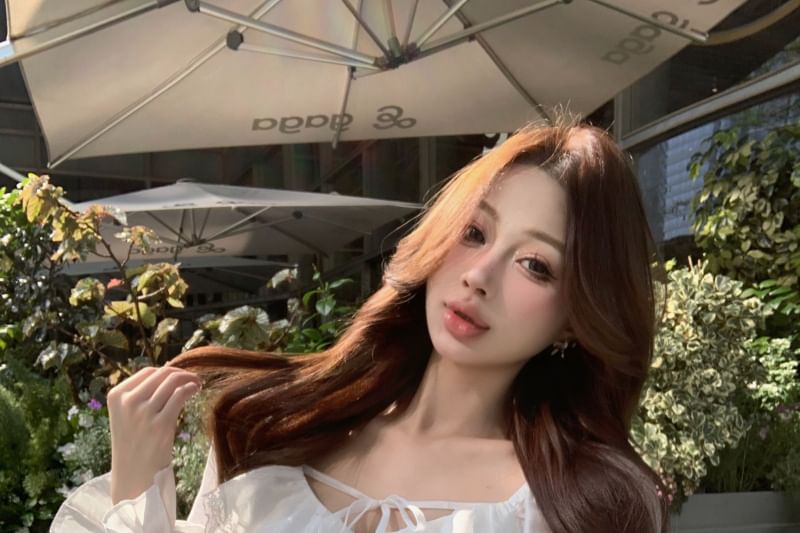 Tie Skirt Mini Long Front Lace Sleeve V-Neck Blouse Pencil Plain Ruffle Trim /