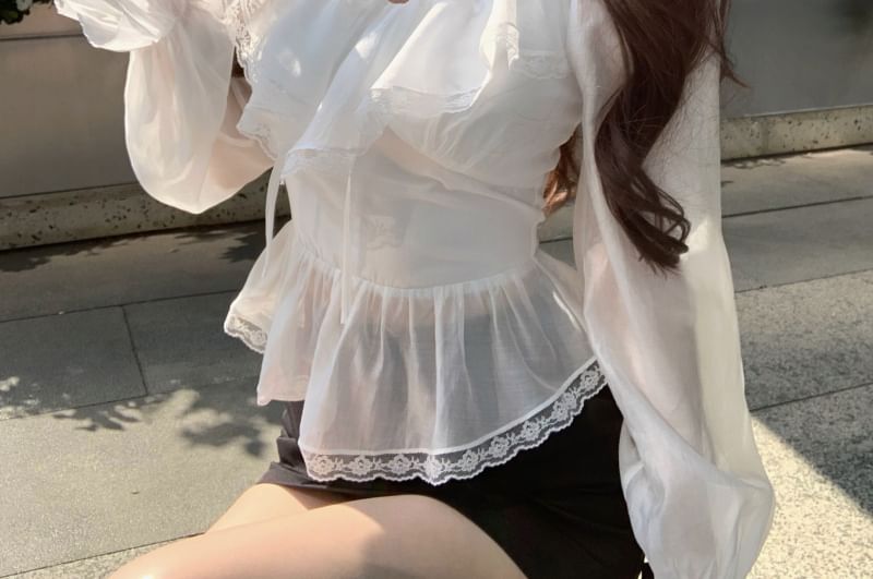 Tie Skirt Mini Long Front Lace Sleeve V-Neck Blouse Pencil Plain Ruffle Trim /