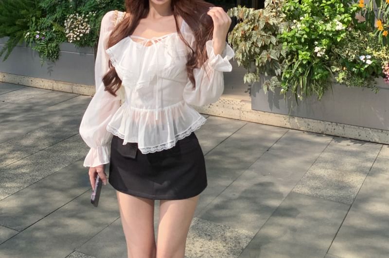 Tie Skirt Mini Long Front Lace Sleeve V-Neck Blouse Pencil Plain Ruffle Trim /