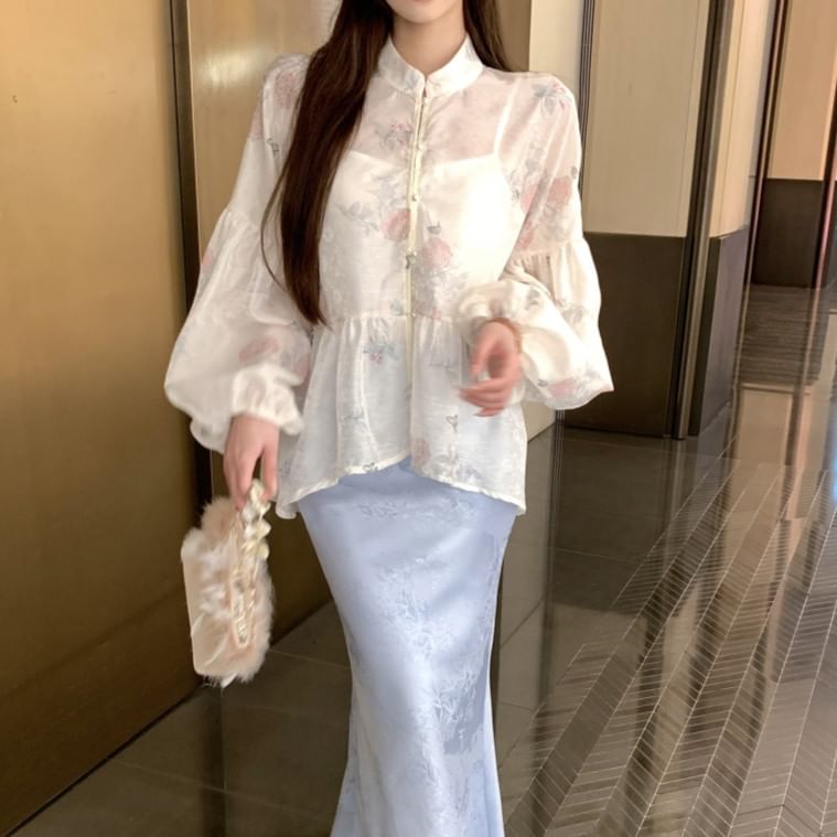 High Jacquard Waist Fishtail Floral Camisole Long / Blouse Plain Stand Set Sleeve Skirt Print Maxi Peplum Collar