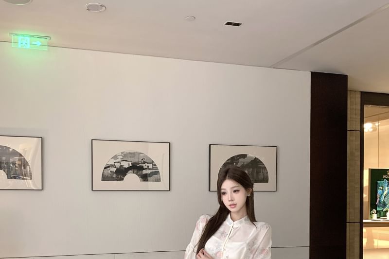High Jacquard Waist Fishtail Floral Camisole Long / Blouse Plain Stand Set Sleeve Skirt Print Maxi Peplum Collar
