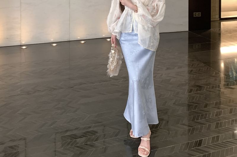 High Jacquard Waist Fishtail Floral Camisole Long / Blouse Plain Stand Set Sleeve Skirt Print Maxi Peplum Collar