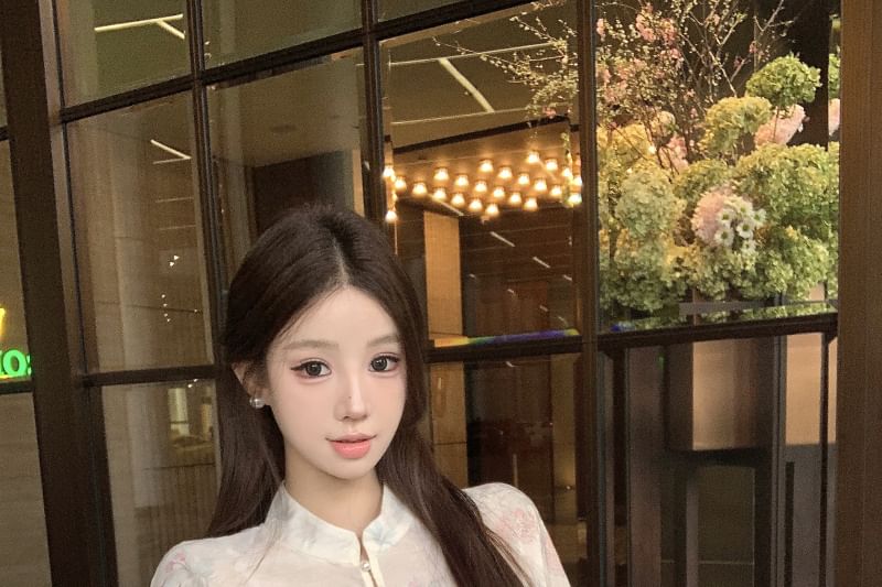 High Jacquard Waist Fishtail Floral Camisole Long / Blouse Plain Stand Set Sleeve Skirt Print Maxi Peplum Collar