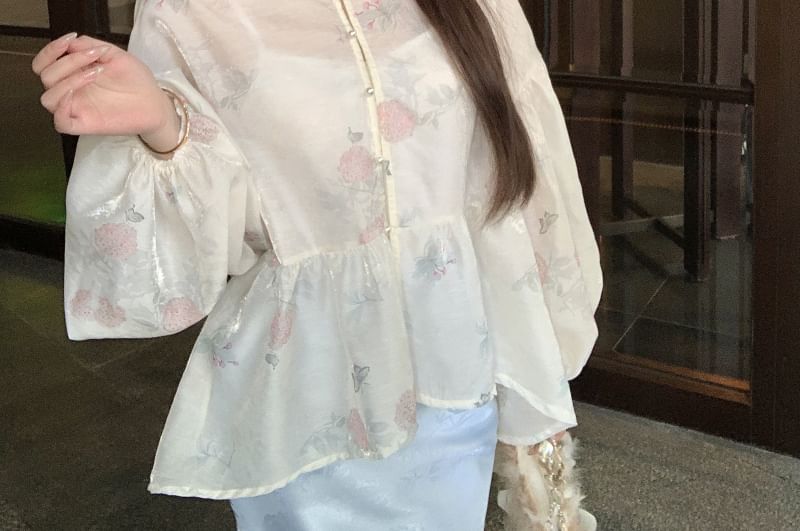 High Jacquard Waist Fishtail Floral Camisole Long / Blouse Plain Stand Set Sleeve Skirt Print Maxi Peplum Collar