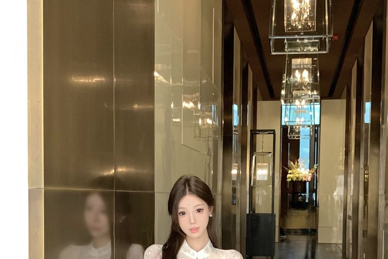 High Jacquard Waist Fishtail Floral Camisole Long / Blouse Plain Stand Set Sleeve Skirt Print Maxi Peplum Collar