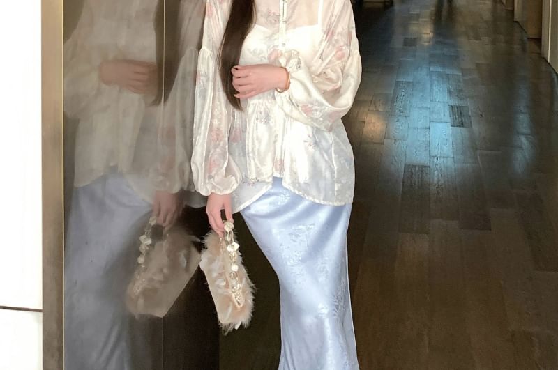 High Jacquard Waist Fishtail Floral Camisole Long / Blouse Plain Stand Set Sleeve Skirt Print Maxi Peplum Collar