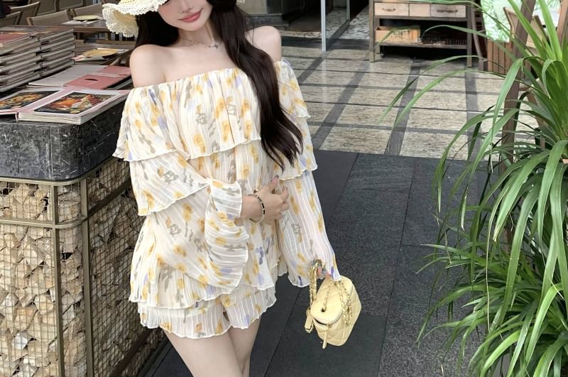Shoulder Waist Floral / High Blouse Shorts Off Sleeve Long Ruffle Print