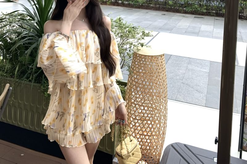 Shoulder Waist Floral / High Blouse Shorts Off Sleeve Long Ruffle Print
