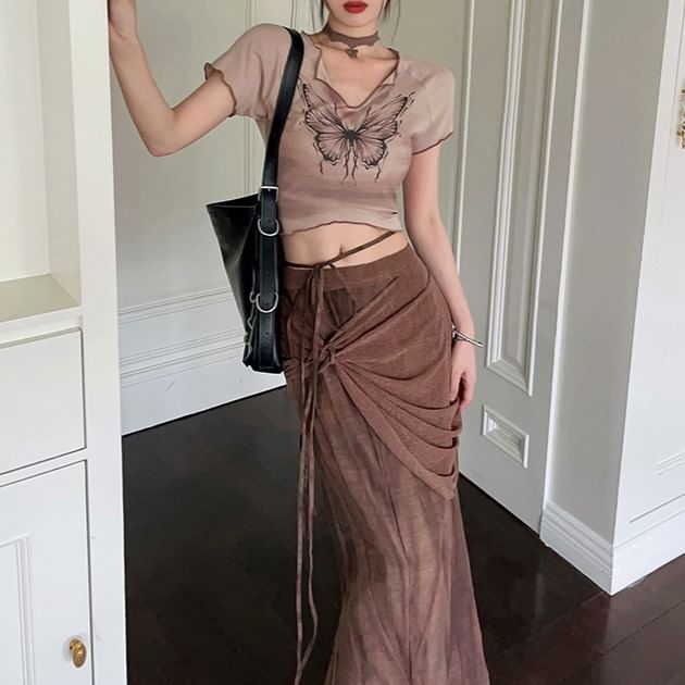 / Waist Sleeve Pencil Mid Print V-Neck Maxi Crop Short Skirt Butterfly Tie-Up Tee