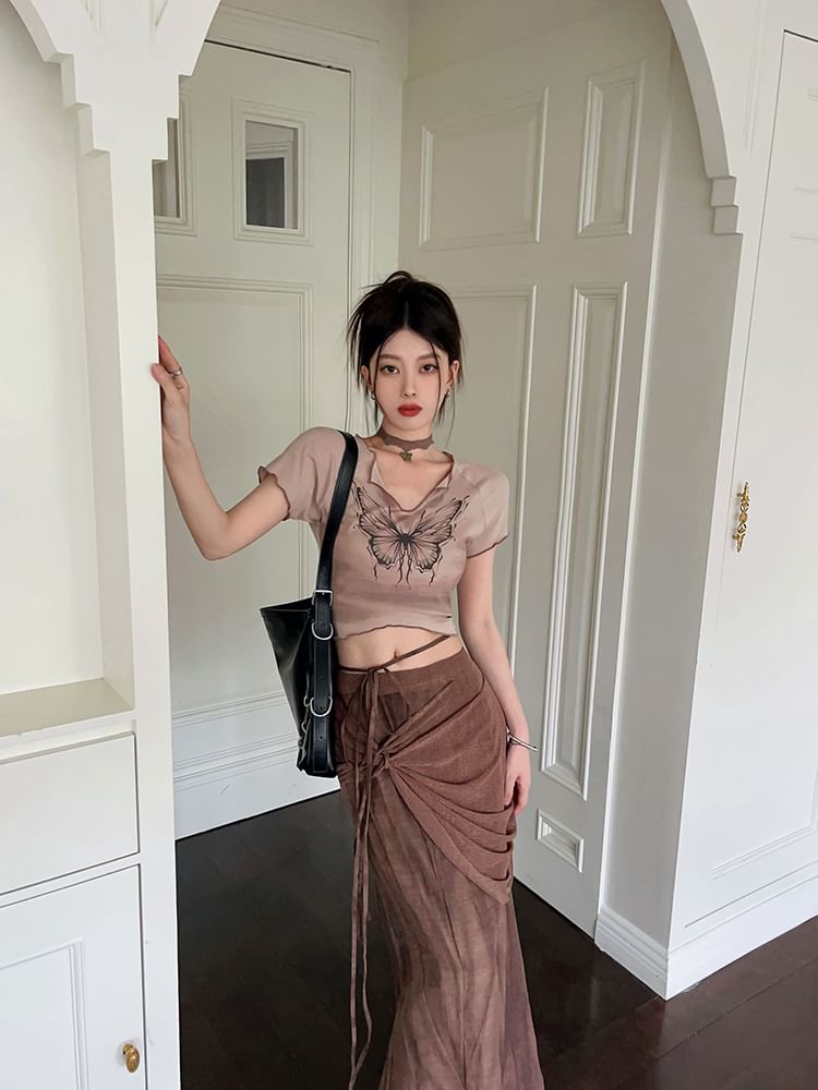 / Waist Sleeve Pencil Mid Print V-Neck Maxi Crop Short Skirt Butterfly Tie-Up Tee