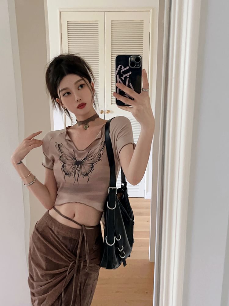/ Waist Sleeve Pencil Mid Print V-Neck Maxi Crop Short Skirt Butterfly Tie-Up Tee