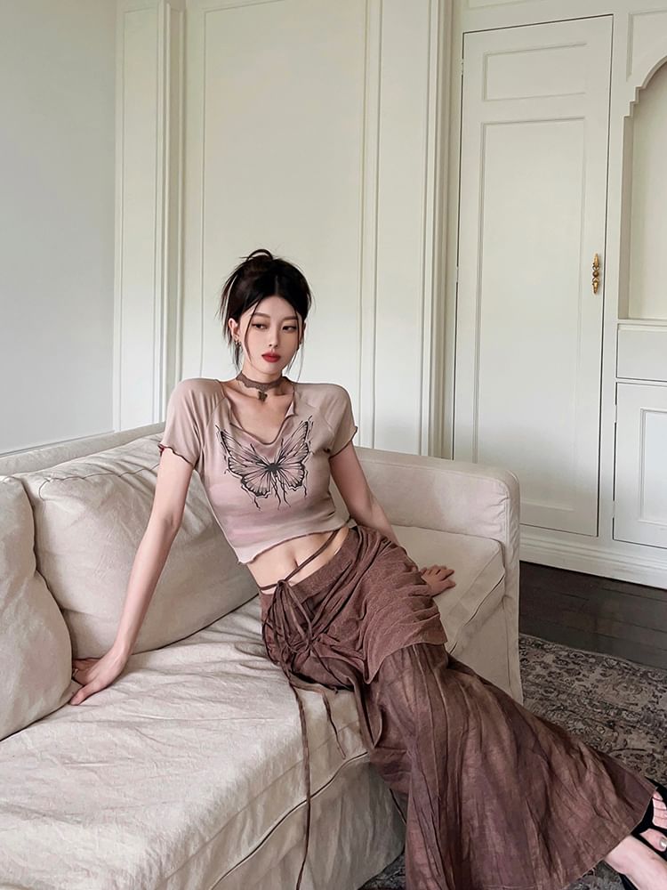 / Waist Sleeve Pencil Mid Print V-Neck Maxi Crop Short Skirt Butterfly Tie-Up Tee