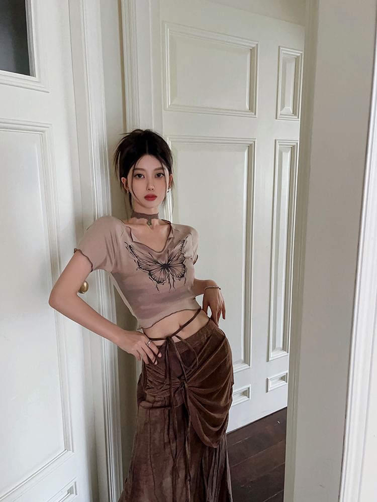 / Waist Sleeve Pencil Mid Print V-Neck Maxi Crop Short Skirt Butterfly Tie-Up Tee