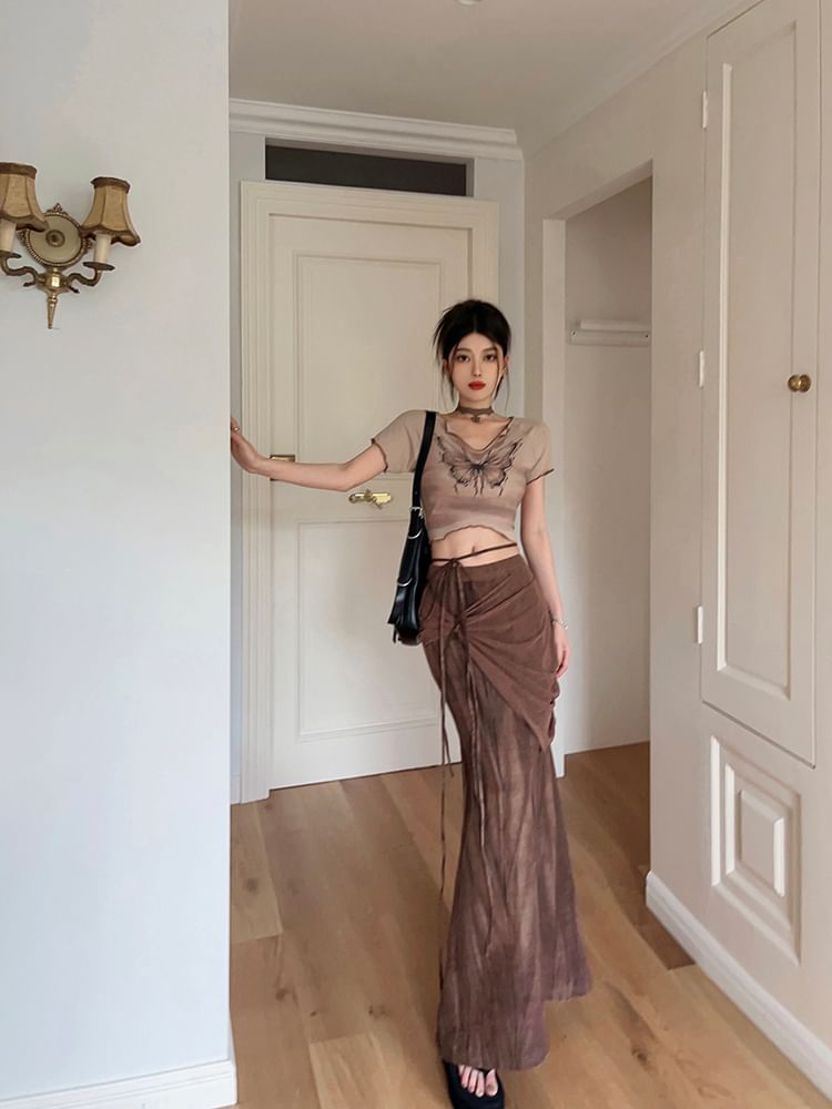 / Waist Sleeve Pencil Mid Print V-Neck Maxi Crop Short Skirt Butterfly Tie-Up Tee