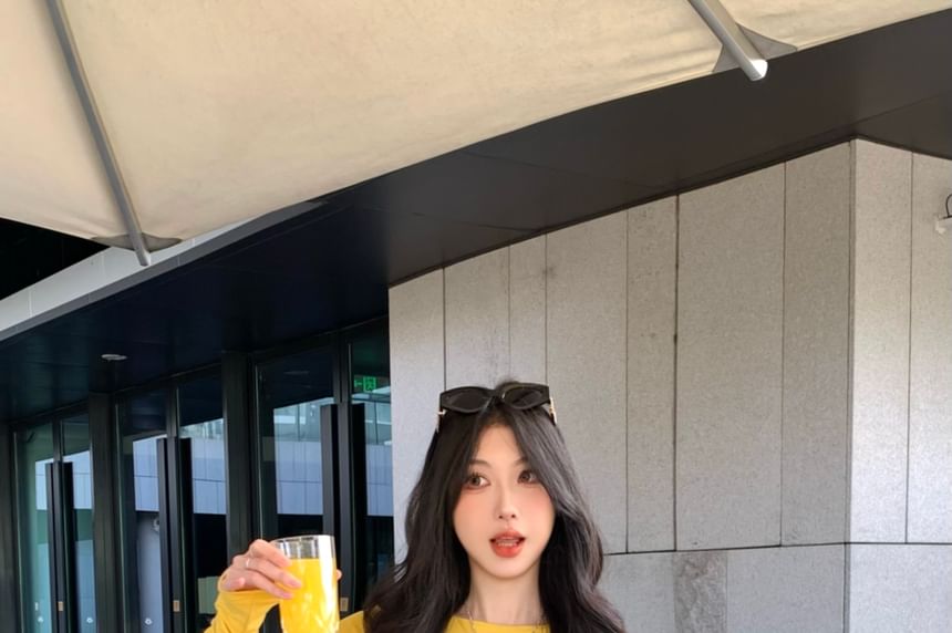 Mini + Skirt Long-Sleeve Crop Plain T-Shirt Set: