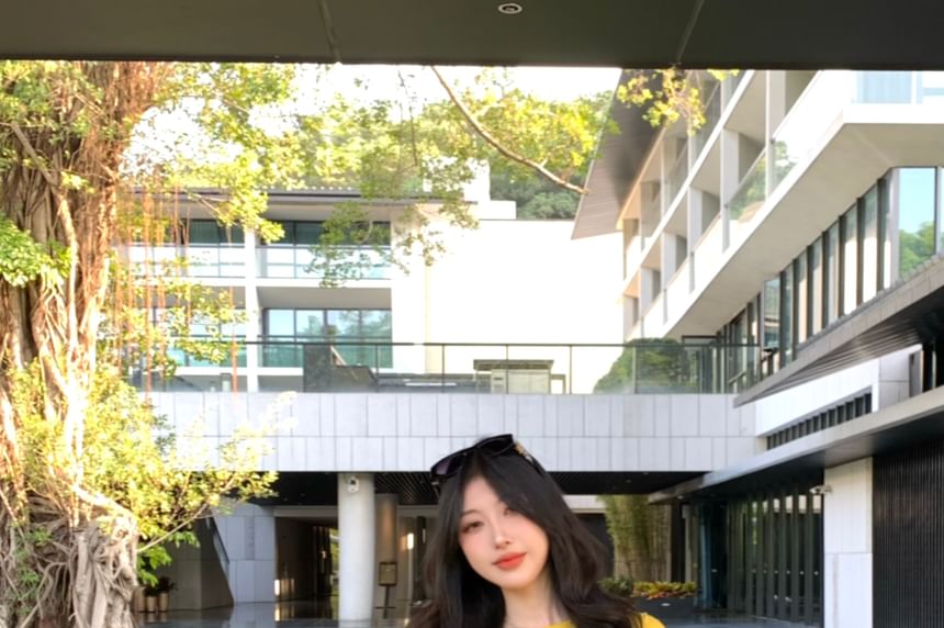 Mini + Skirt Long-Sleeve Crop Plain T-Shirt Set: