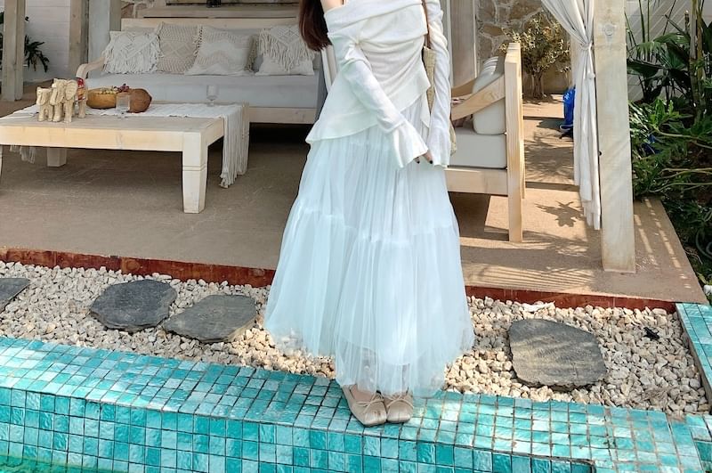 A-Line Skirt Mock Plain Top Maxi High Long-Sleeve / Rise Two-Piece