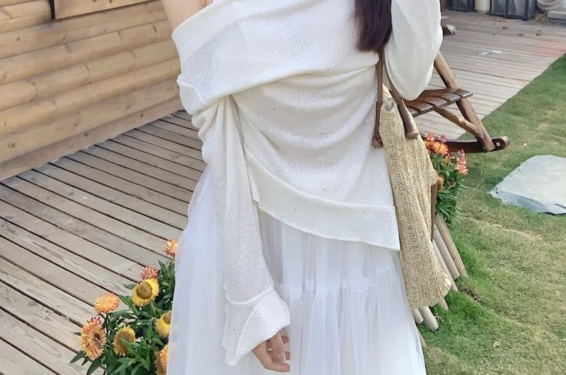 A-Line Skirt Mock Plain Top Maxi High Long-Sleeve / Rise Two-Piece