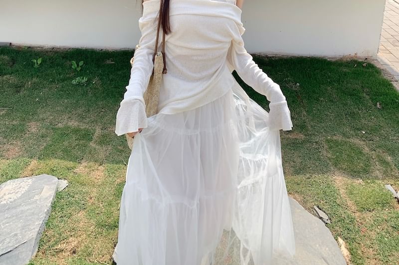 A-Line Skirt Mock Plain Top Maxi High Long-Sleeve / Rise Two-Piece