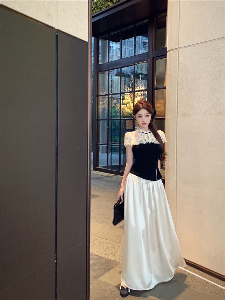 Maxi A-Line Short-Sleeve Skirt Waist Two Tone High Asymmetrical / Top