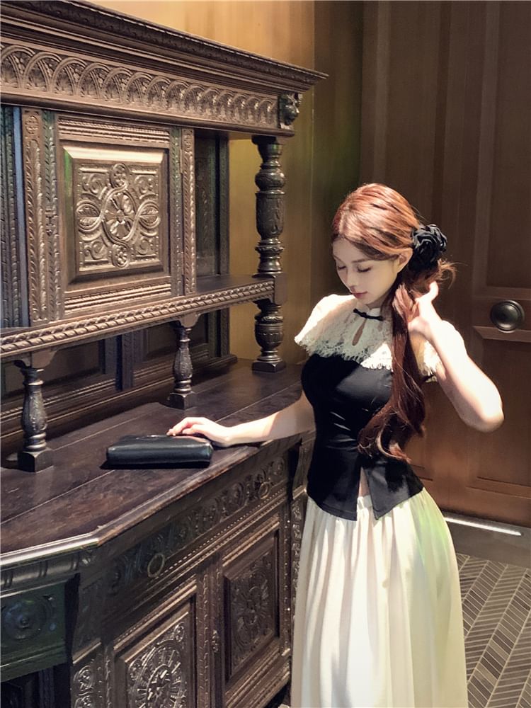 Maxi A-Line Short-Sleeve Skirt Waist Two Tone High Asymmetrical / Top