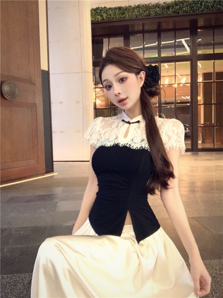 Maxi A-Line Short-Sleeve Skirt Waist Two Tone High Asymmetrical / Top