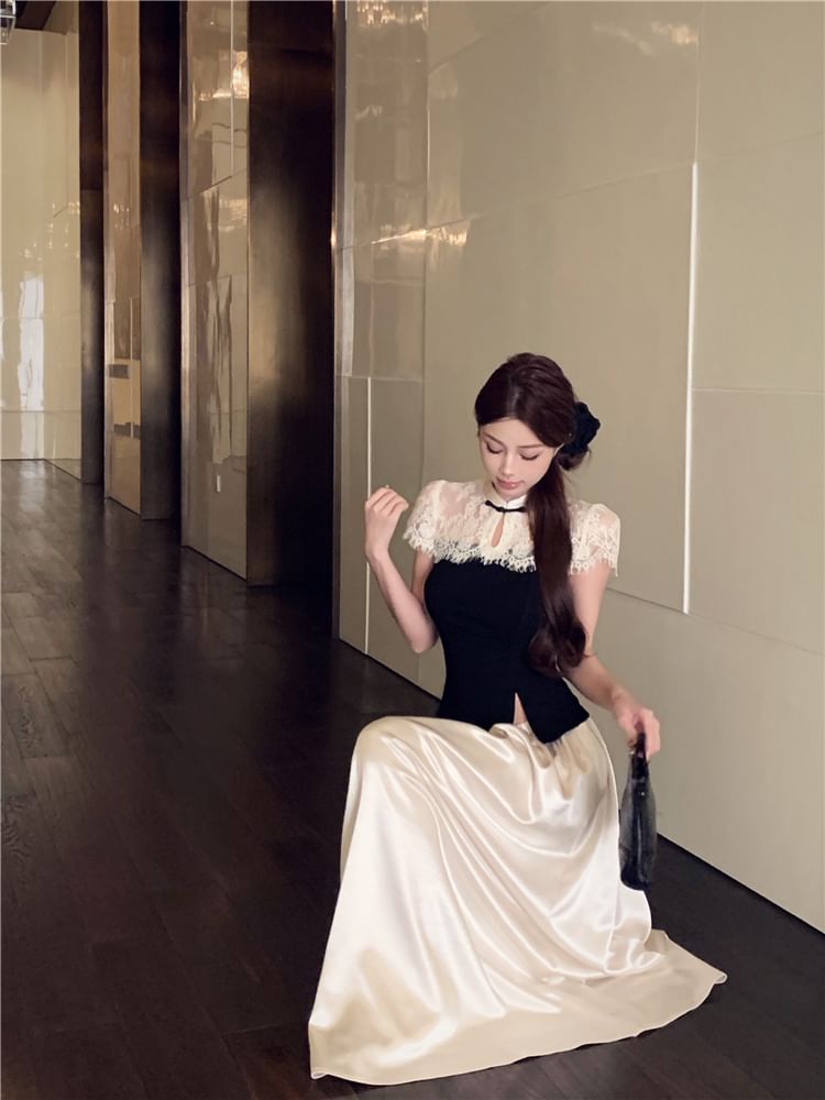 Maxi A-Line Short-Sleeve Skirt Waist Two Tone High Asymmetrical / Top