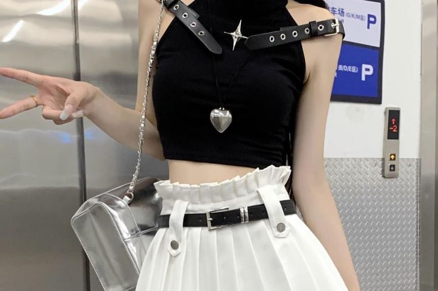 High Rise Skirt A-Line Pleated Plain Belted Mini