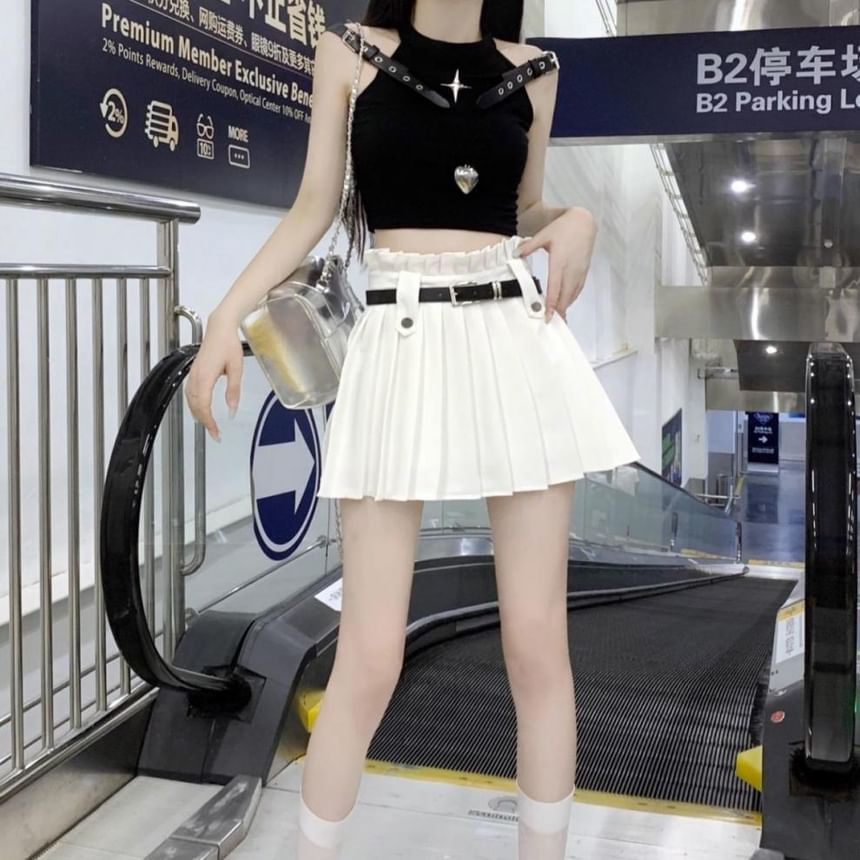 High Rise Skirt A-Line Pleated Plain Belted Mini