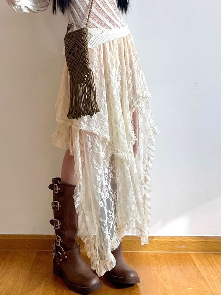 Midi High A-Line Skirt Lace Plain Rise