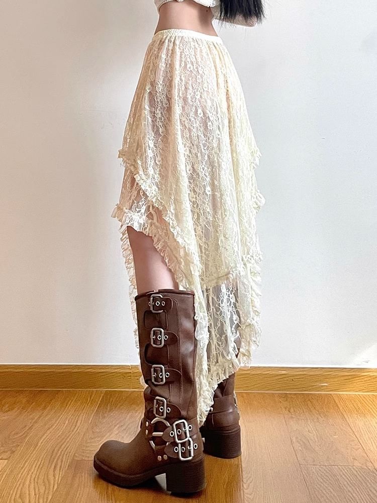 Midi High A-Line Skirt Lace Plain Rise