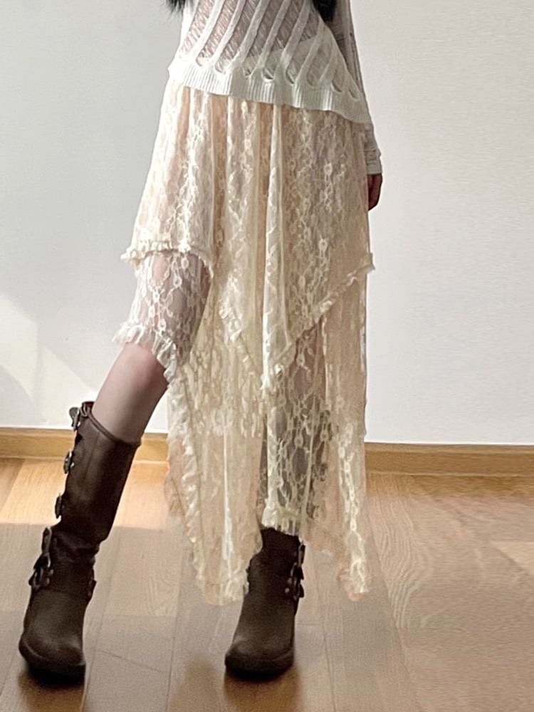 Midi High A-Line Skirt Lace Plain Rise
