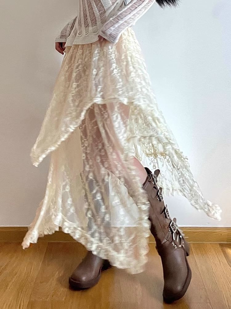 Midi High A-Line Skirt Lace Plain Rise