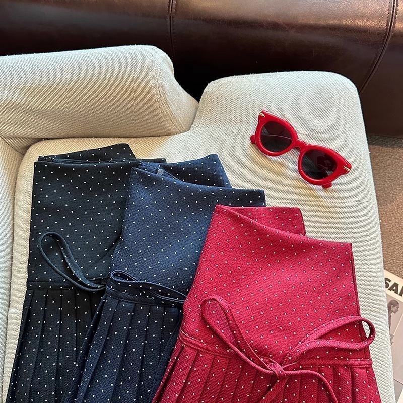 Dotted A-Line High Mini Skirt Rise Pleated