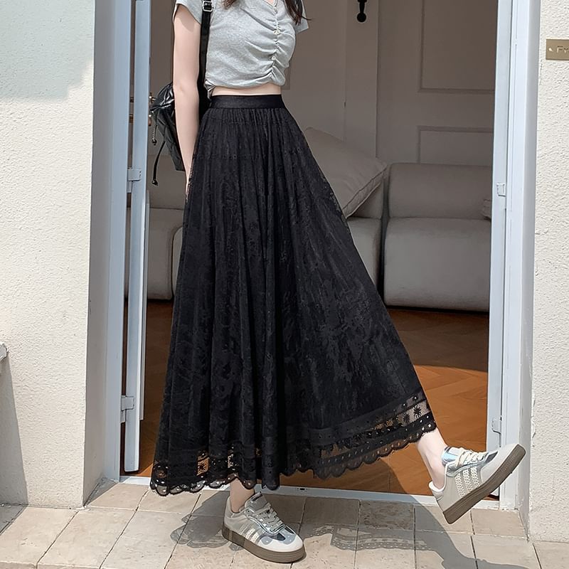 High Skirt Waist Lace A-Line Midi