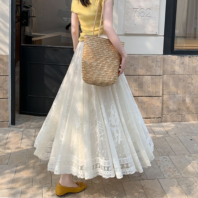 High Skirt Waist Lace A-Line Midi