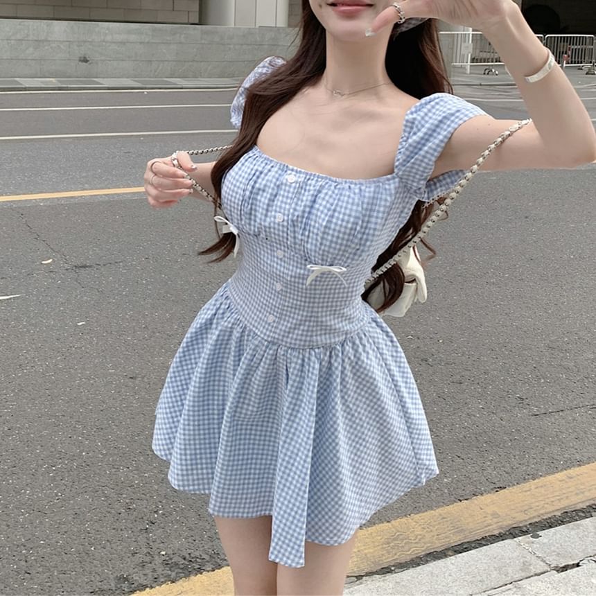 Kerchief / Mini Puff-Sleeve Dress Gingham Bow A-Line