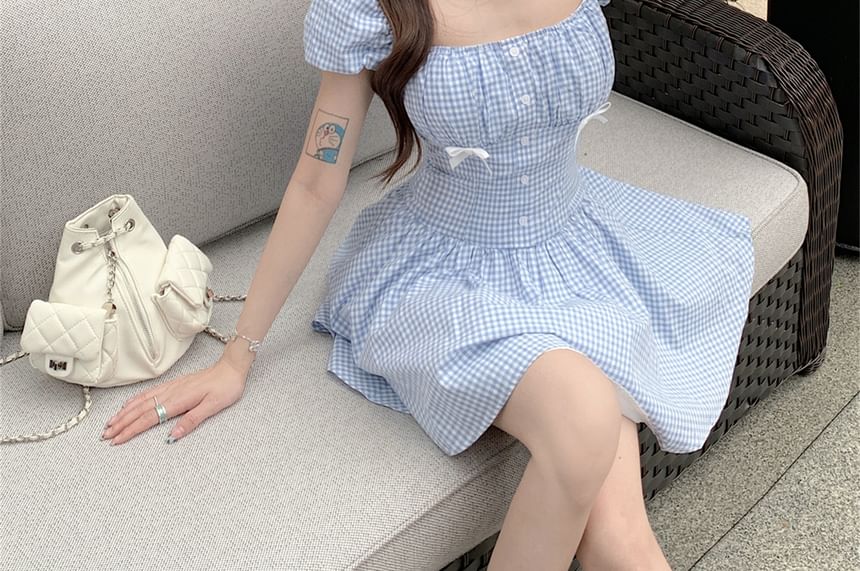 Kerchief / Mini Puff-Sleeve Dress Gingham Bow A-Line
