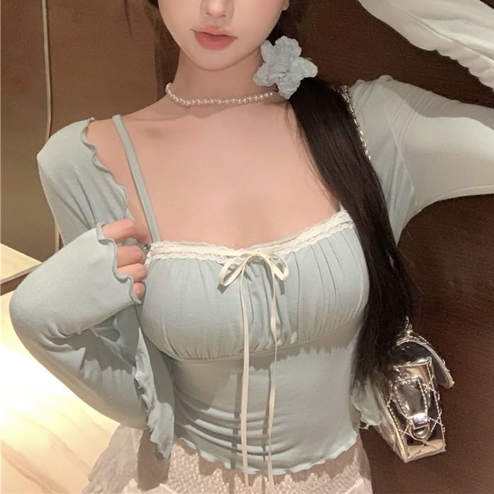 Light Plain / Lace Jacket Camisole Bow Edge Top Trim Lettuce