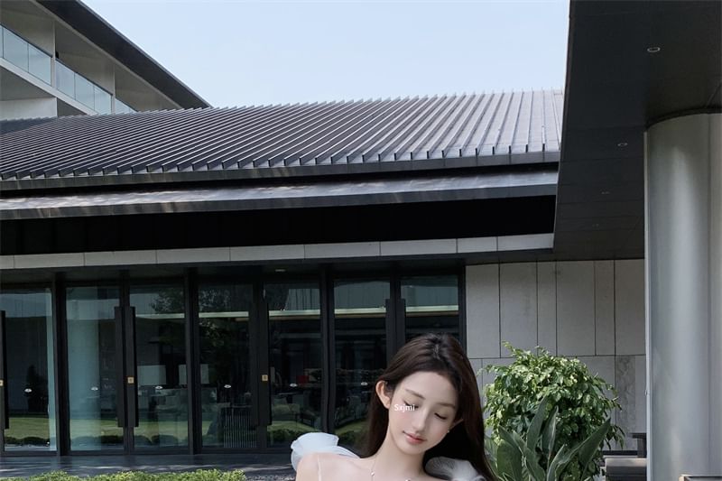 Sundress Flower Plain Mesh Strap Spaghetti Detail Mini