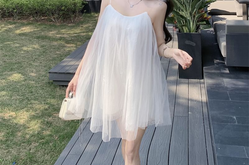 Sundress Flower Plain Mesh Strap Spaghetti Detail Mini