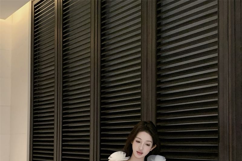 Sundress Flower Plain Mesh Strap Spaghetti Detail Mini