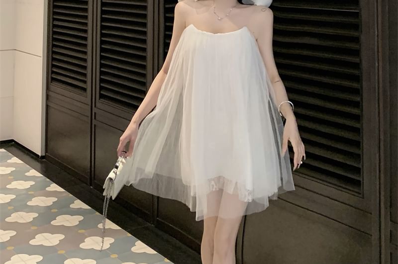 Sundress Flower Plain Mesh Strap Spaghetti Detail Mini